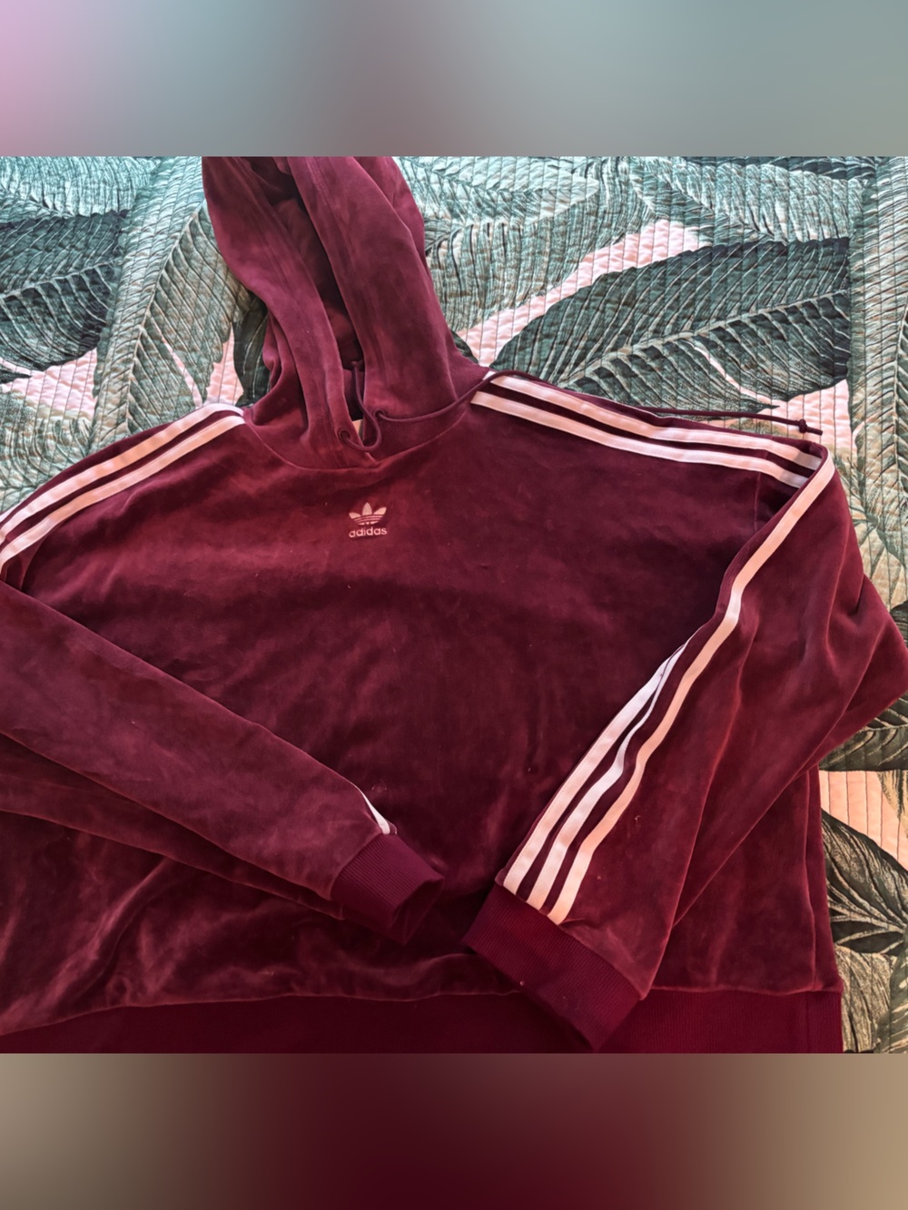 adidas Burgundy Velour 3-Stripe Pullover Hoodie